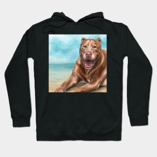 A Painting of a Red Nose Pit Bull Smiling and Basking in the Sun on the Beach Hoodie